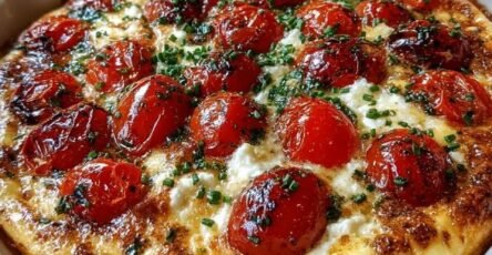 Roasted cherry tomato goat cheese crustless quiche baked until golden with fresh basil and Parmesan cheese in a white baking dish.