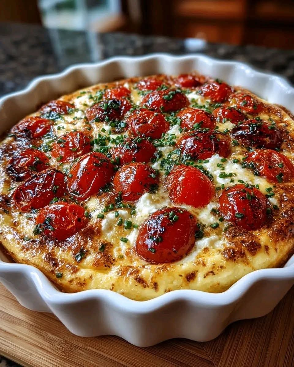 Roasted cherry tomato goat cheese crustless quiche baked until golden with fresh basil and Parmesan cheese in a white baking dish.