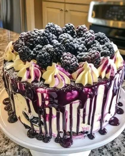 White chocolate blackberry poke cake topped with fresh blackberries, creamy frosting, and glossy blackberry ganache dripping over the sides on a cake stand.