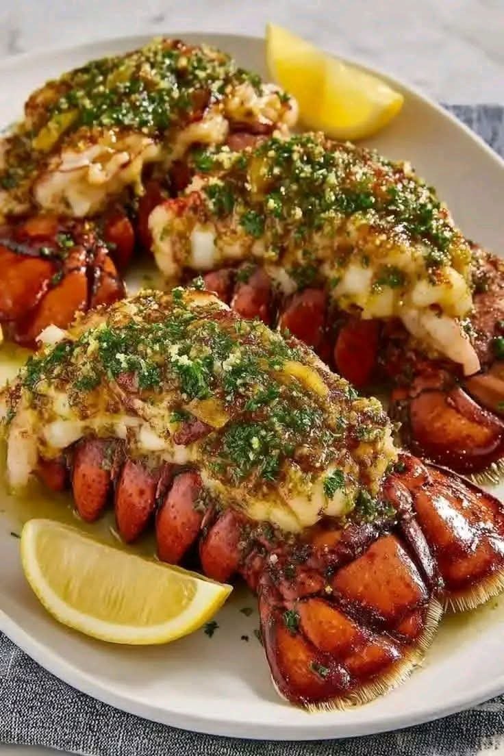 Grilled garlic butter lobster tails topped with Parmesan, fresh parsley, and herbs, served with lemon wedges.