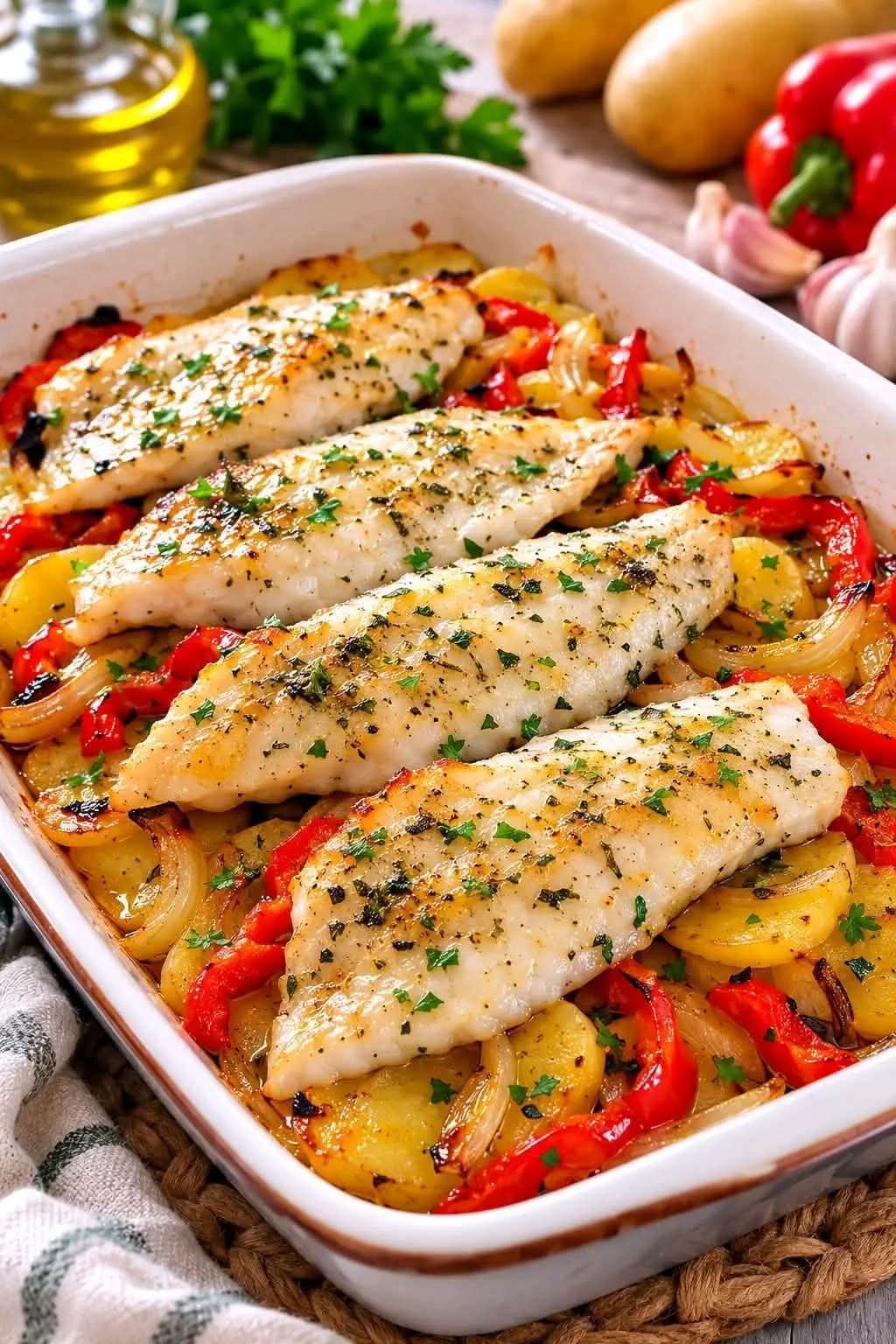Oven-baked hake fillets served over roasted potatoes, red bell peppers, onions, garlic, and fresh parsley in a baking dish.
