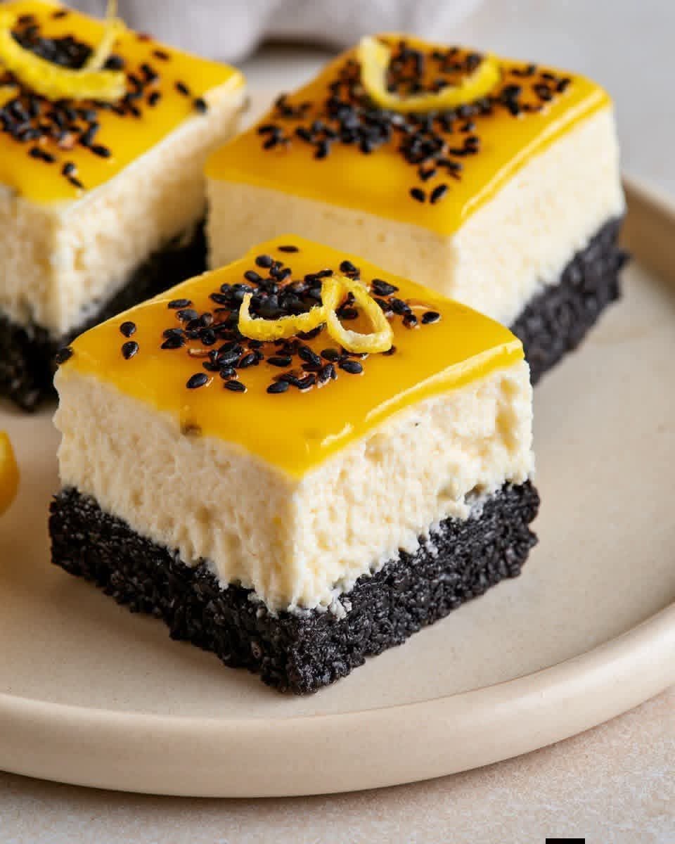 Black Sesame Lemon Cloud Cheesecake Cubes with creamy no-bake lemon cheesecake, black cookie sesame crust, glossy lemon curd topping, toasted black sesame seeds, and fresh lemon zest.