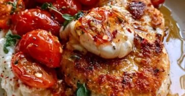 Golden crispy Parmesan chicken served over whipped feta with roasted cherry tomatoes and a hot honey drizzle, garnished with fresh basil.