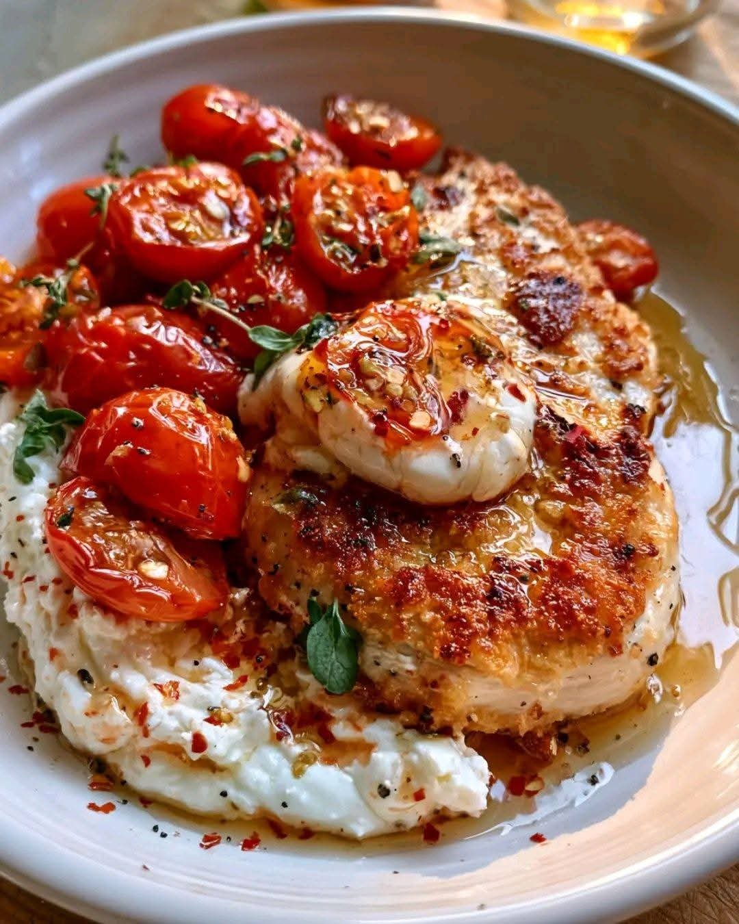 Golden crispy Parmesan chicken served over whipped feta with roasted cherry tomatoes and a hot honey drizzle, garnished with fresh basil.