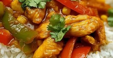 Creamy Tex-Mex chicken curry served over fluffy white rice with tender chicken, sweet corn, black beans, colorful bell peppers, and fresh cilantro.
