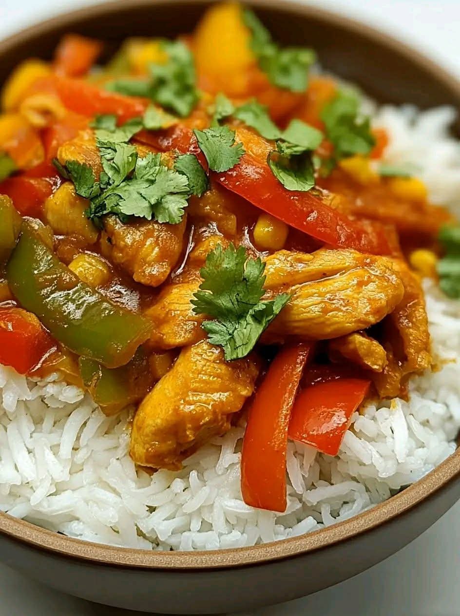 Creamy Tex-Mex chicken curry served over fluffy white rice with tender chicken, sweet corn, black beans, colorful bell peppers, and fresh cilantro.