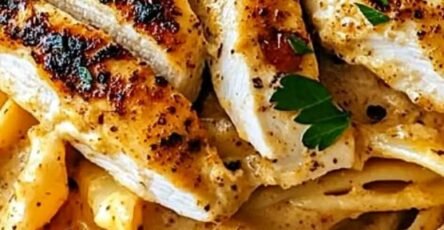 Creamy Southern Cajun chicken pasta with grilled Cajun-seasoned chicken breast, Parmesan cream sauce, penne pasta, cherry tomatoes, and fresh parsley.