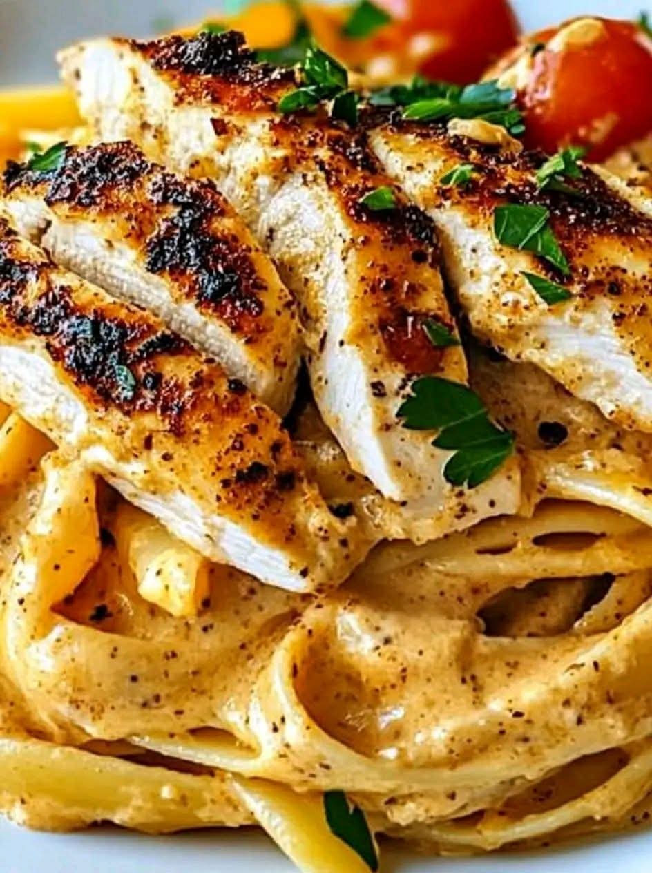 Creamy Southern Cajun chicken pasta with grilled Cajun-seasoned chicken breast, Parmesan cream sauce, penne pasta, cherry tomatoes, and fresh parsley.