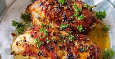 Juicy garlic butter baked chicken breasts wrapped in crispy bacon, topped with fresh parsley and served with a rich buttery garlic sauce.
