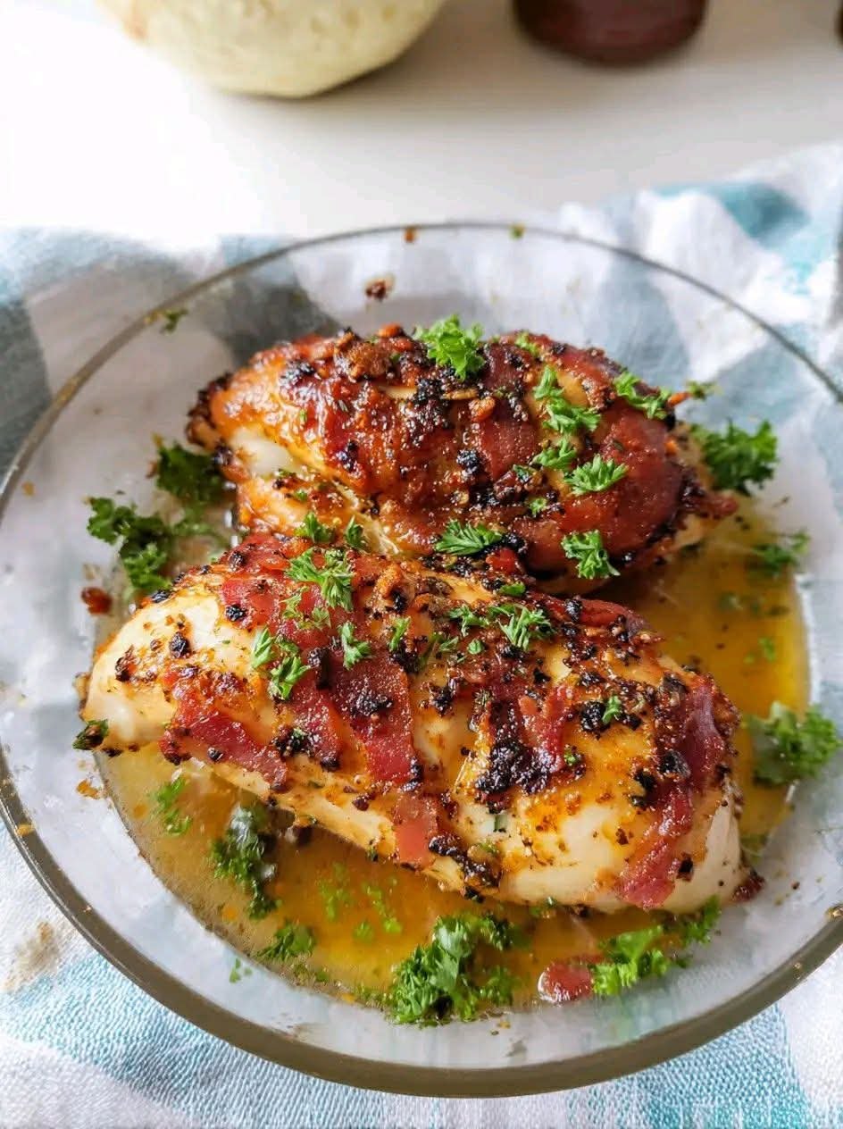 Juicy garlic butter baked chicken breasts wrapped in crispy bacon, topped with fresh parsley and served with a rich buttery garlic sauce.