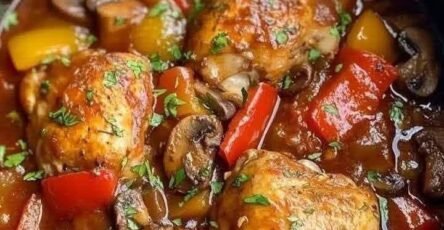 Slow Cooker Chicken Cacciatore with tender chicken thighs, mushrooms, bell peppers, onions, and rich tomato sauce garnished with fresh parsley.