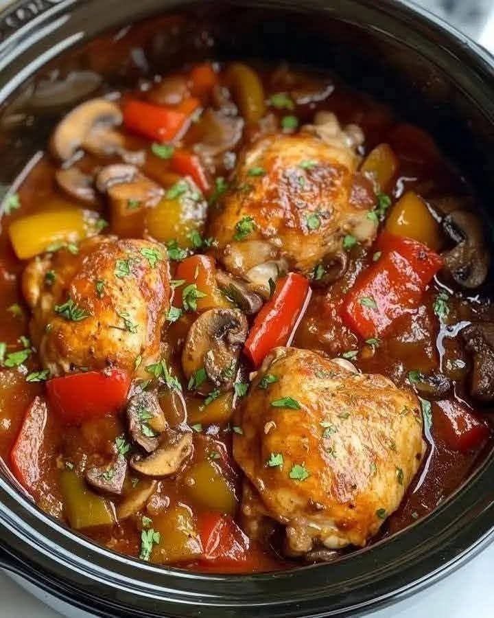 Slow Cooker Chicken Cacciatore with tender chicken thighs, mushrooms, bell peppers, onions, and rich tomato sauce garnished with fresh parsley.