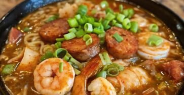 Bowl of seafood gumbo ramen with shrimp, crab, smoked sausage, ramen noodles, and green onions in a rich Creole broth.