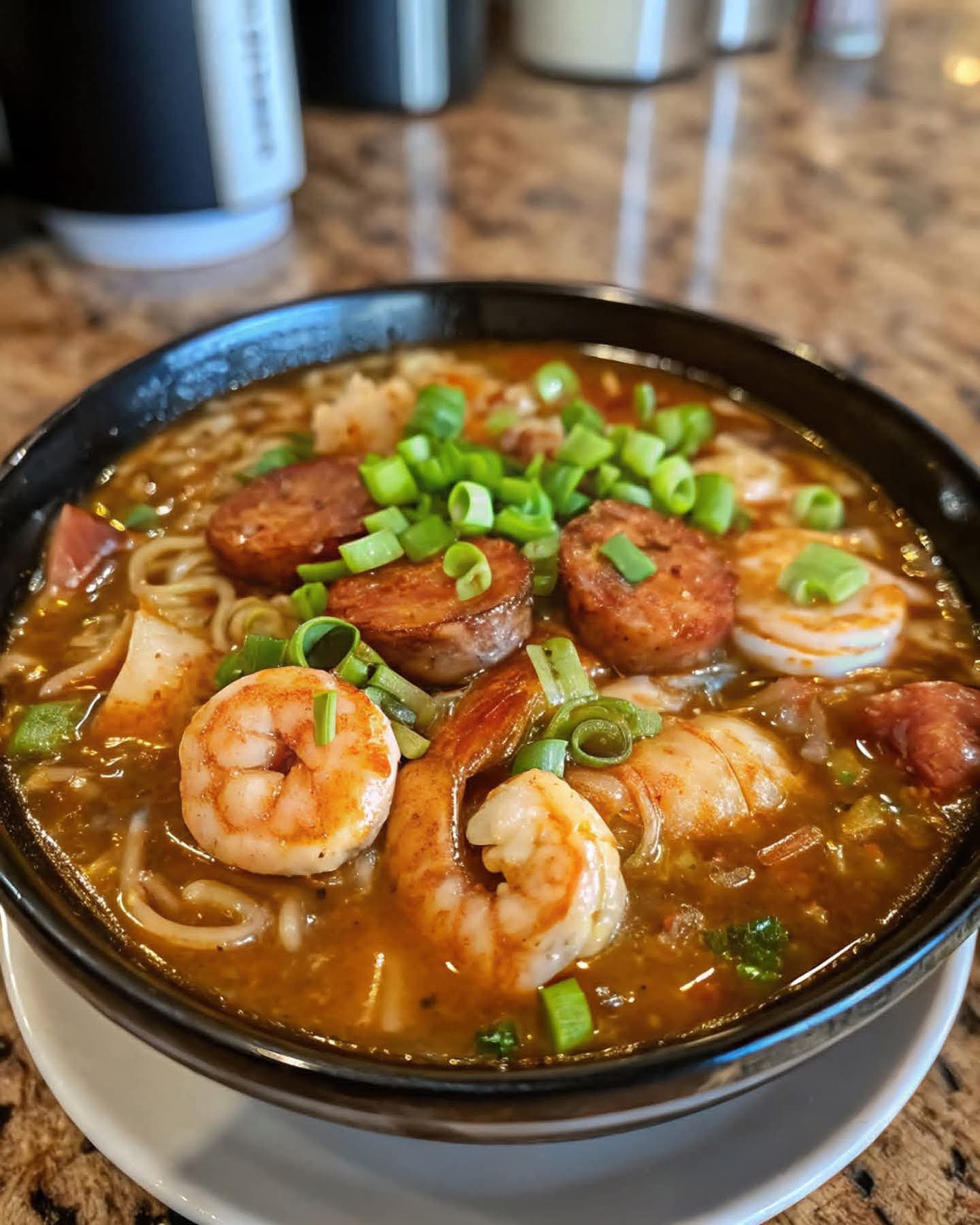 Bowl of seafood gumbo ramen with shrimp, crab, smoked sausage, ramen noodles, and green onions in a rich Creole broth.