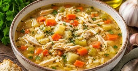 Homemade Hearty Chicken and vegetable soup with shredded chicken, carrots, celery, potatoes, orzo pasta, fresh parsley, and crusty bread.