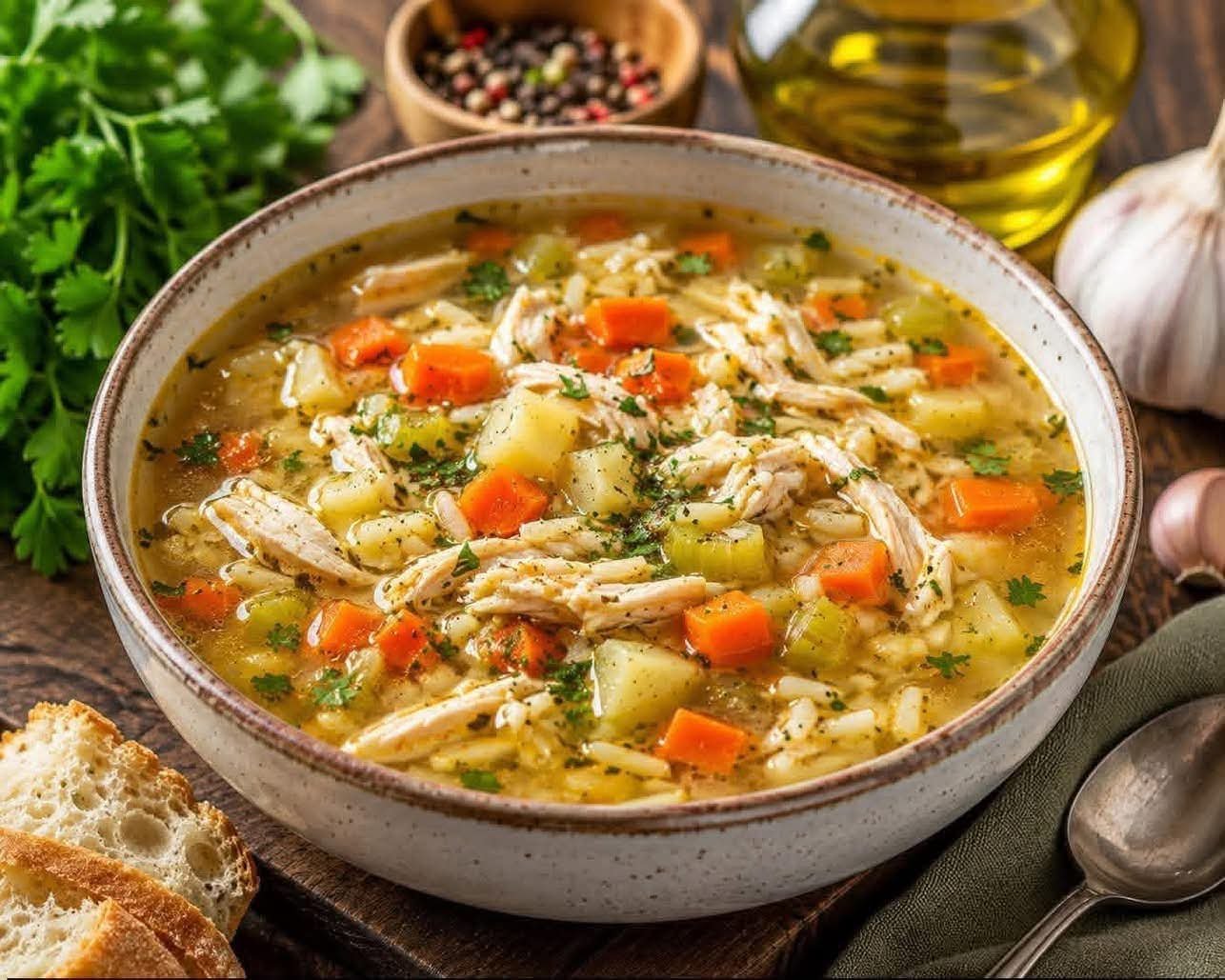 Homemade Hearty Chicken and vegetable soup with shredded chicken, carrots, celery, potatoes, orzo pasta, fresh parsley, and crusty bread.