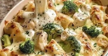 Creamy chicken and broccoli pasta bake with whole wheat pasta, melted mozzarella, Parmesan cheese, and fresh herbs.
