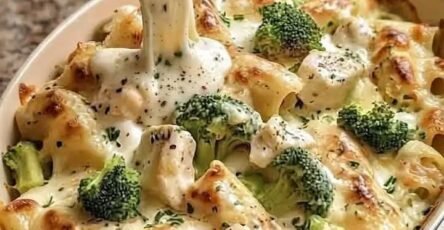 Creamy chicken and broccoli pasta bake with whole wheat pasta, melted mozzarella, Parmesan cheese, and fresh herbs.
