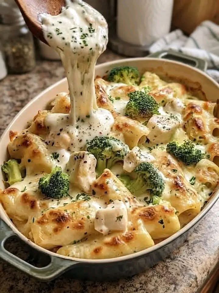 Creamy chicken and broccoli pasta bake with whole wheat pasta, melted mozzarella, Parmesan cheese, and fresh herbs.