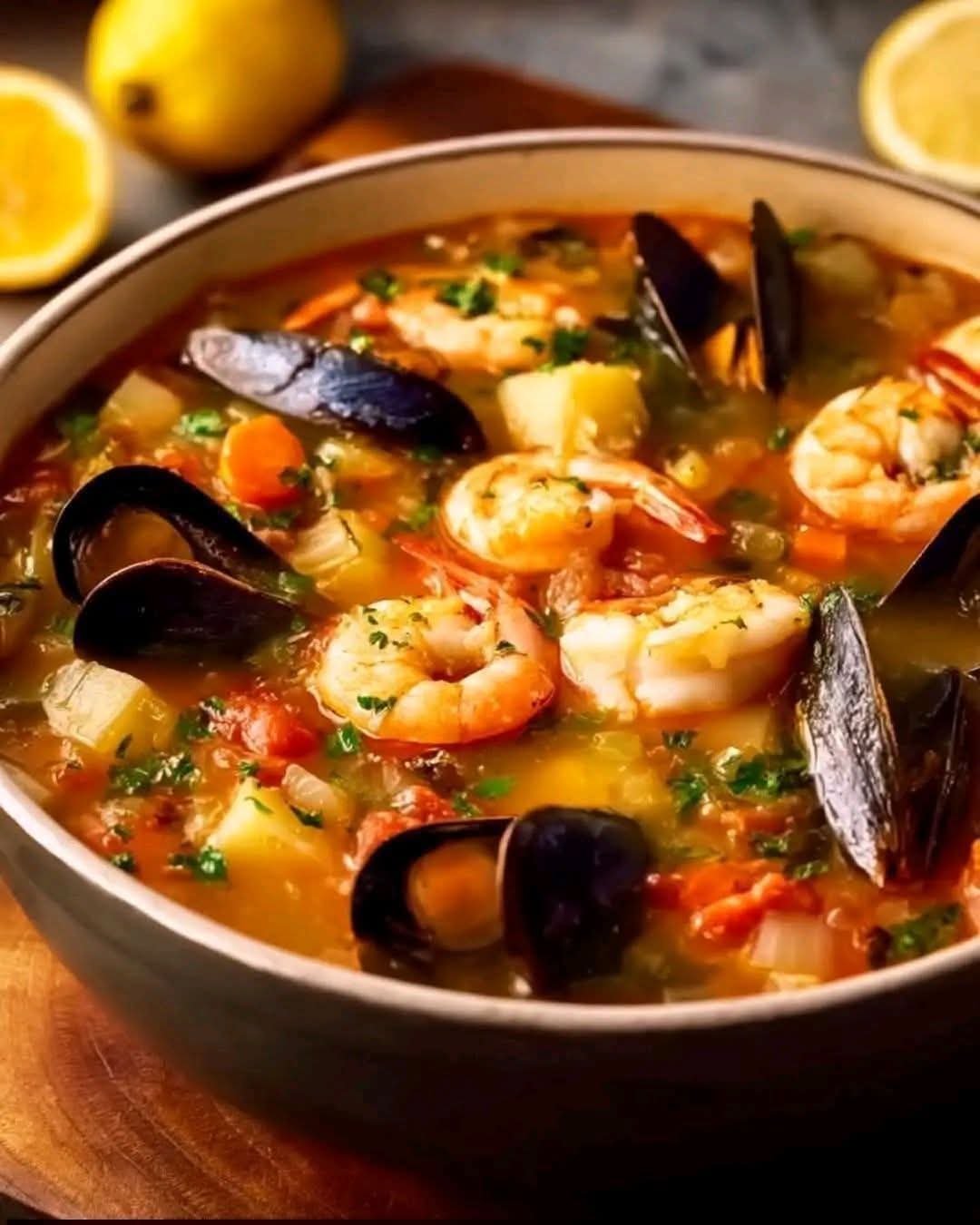 Bowl of hearty coastal seafood soup with shrimp, mussels, white fish, potatoes, tomatoes, and fresh parsley.