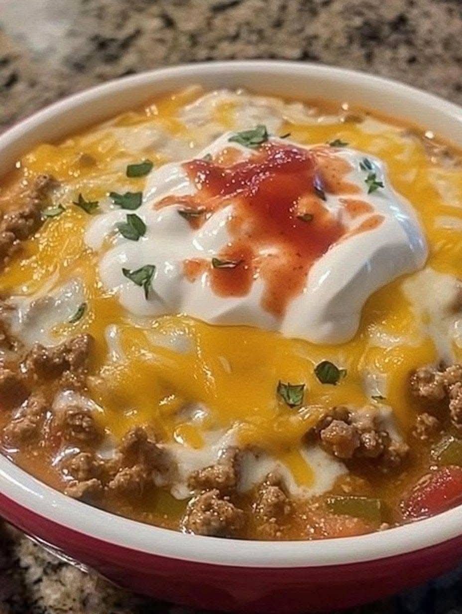 Creamy taco soup with ground beef, cheddar cheese, sour cream, tomatoes, and green chilies