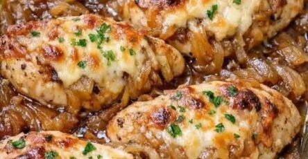 French onion smothered chicken breasts topped with caramelized onions and melted cheese