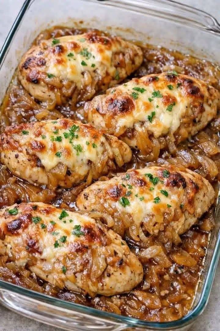 French onion smothered chicken breasts topped with caramelized onions and melted cheese
