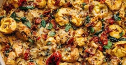 Creamy Marry Me Chicken Tortellini with sun-dried tomatoes, Parmesan, spinach, and fresh basil