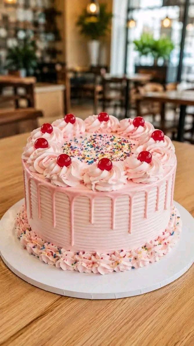 Pastel de fresa con buttercream rosa, drip de chocolate blanco, cerezas y chispas de colores