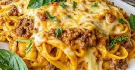 Garlic beef linguine with ground beef in a creamy Parmesan and mozzarella cheese sauce