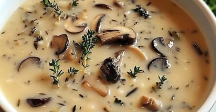 Creamy wild rice mushroom soup with sliced mushrooms, herbs, vegetables, and a rich homemade roux served in a white bowl.