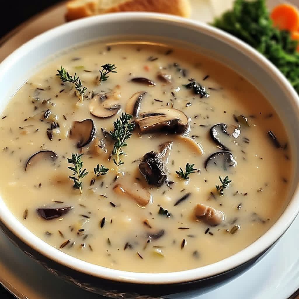 Creamy wild rice mushroom soup with sliced mushrooms, herbs, vegetables, and a rich homemade roux served in a white bowl.