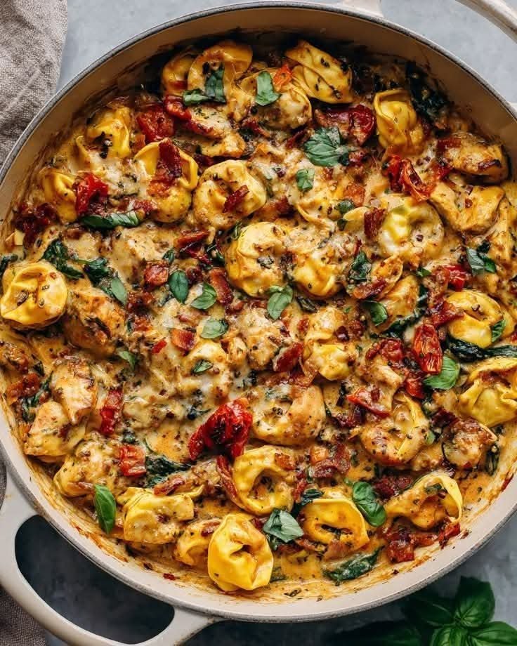 Creamy Marry Me Chicken Tortellini with sun-dried tomatoes, Parmesan, spinach, and fresh basil