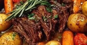 Tender Italian slow cooker pot roast with carrots, potatoes, tomatoes, and fresh rosemary