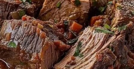 Tender Italian slow-cooked pot roast with beef chuck, tomato sauce, carrots, and fresh herbs