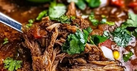 Slow-braised Mexican birria with tender shredded beef, rich chile broth, cilantro, and lime