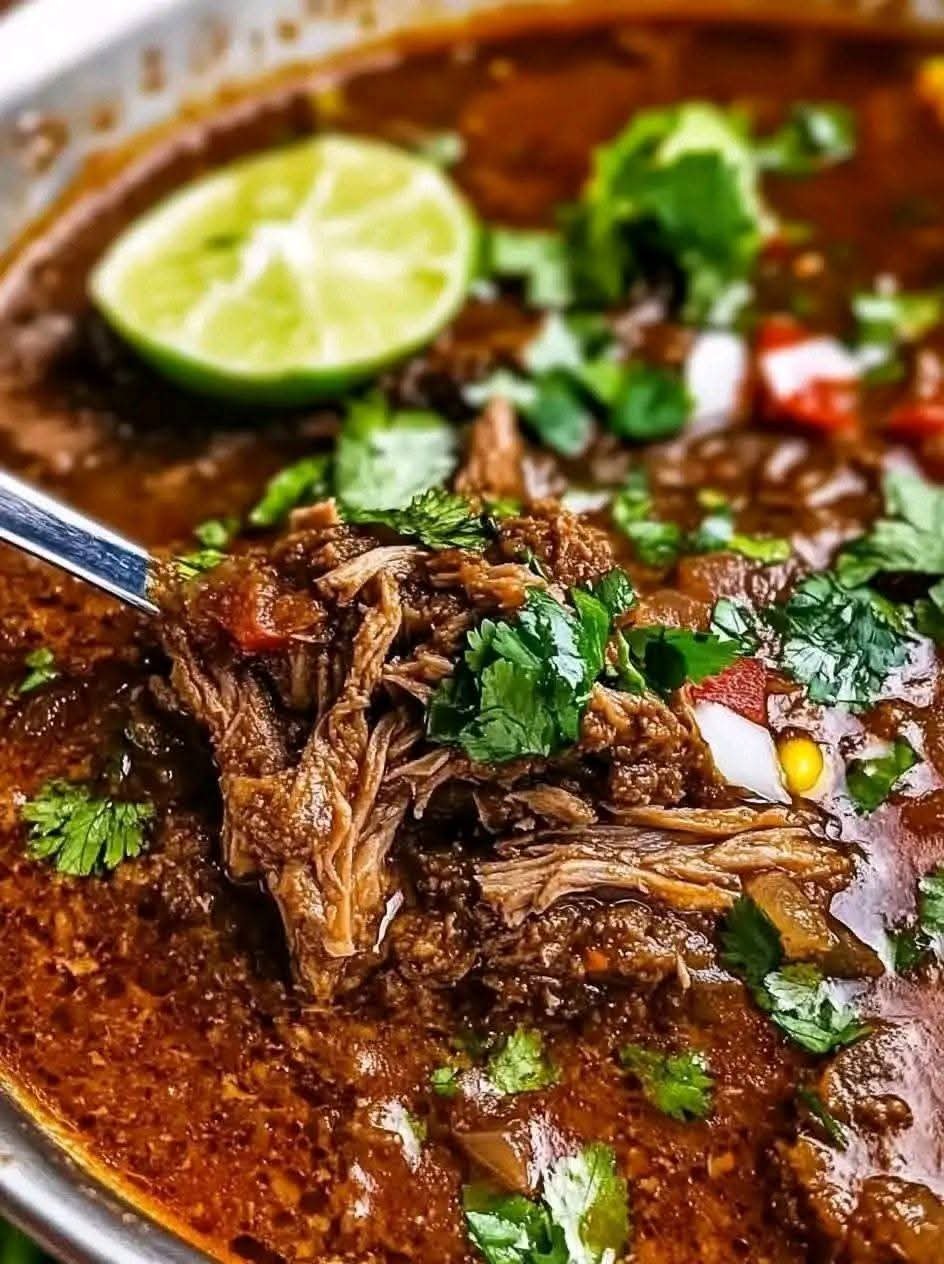 Slow-braised Mexican birria with tender shredded beef, rich chile broth, cilantro, and lime