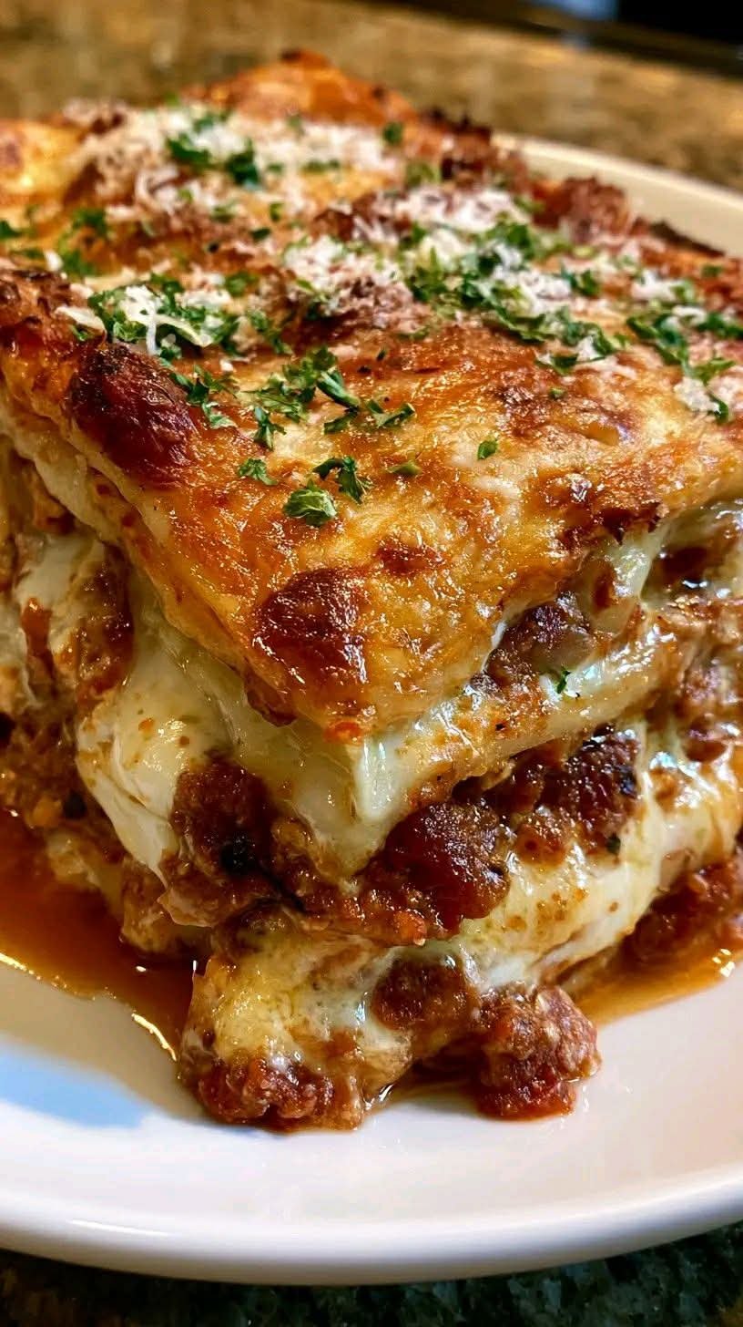 Million Dollar Italian Lasagna with creamy cheese, ground beef, Italian sausage, and melted mozzarella