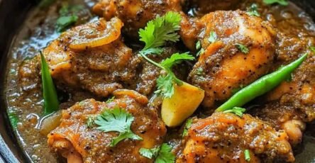 Black Pepper Chicken in rich Pakistani yogurt gravy with cilantro and green chilies