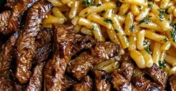 One-Pot Smoky Honey BBQ Steak Pasta with tender steak and cheddar cheese