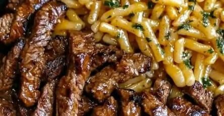 One-Pot Smoky Honey BBQ Steak Pasta with tender steak and cheddar cheese