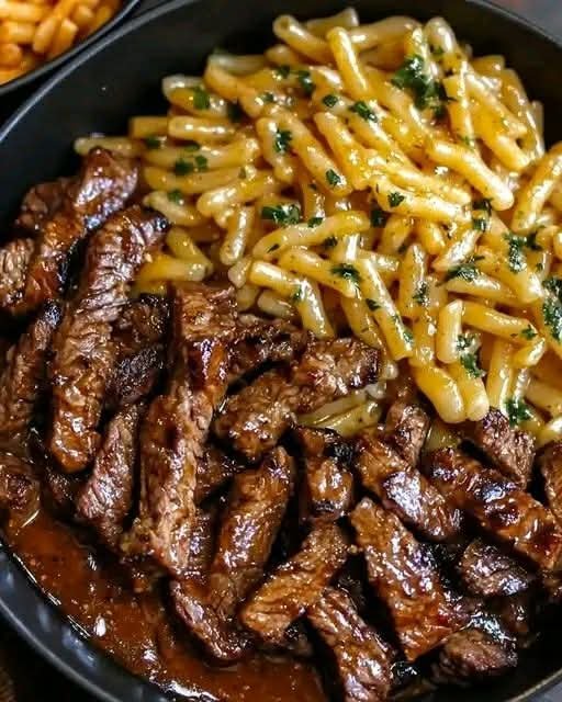 One-Pot Smoky Honey BBQ Steak Pasta with tender steak and cheddar cheese