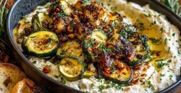 Roasted zucchini and caramelized onion dip with creamy Brie, toasted pine nuts, and fresh herbs
