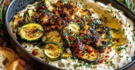 Roasted zucchini and caramelized onion dip with creamy Brie, toasted pine nuts, and fresh herbs