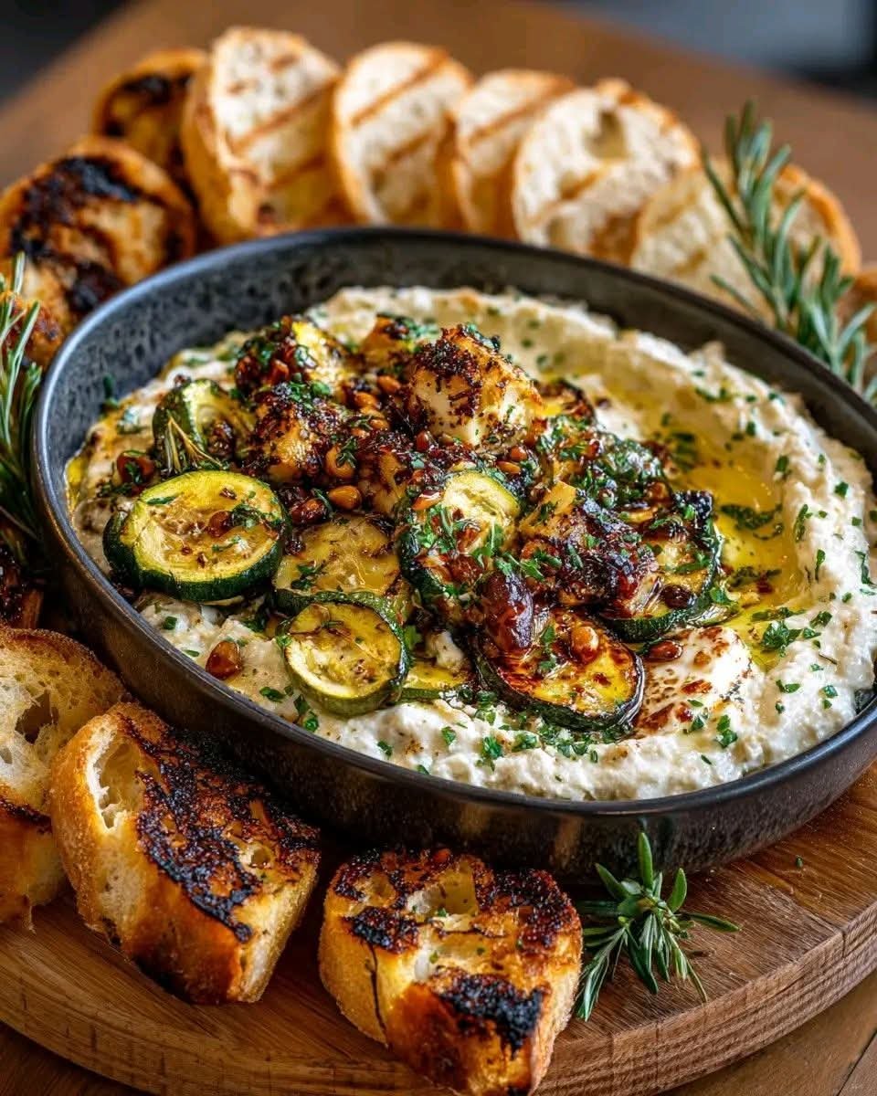 Roasted zucchini and caramelized onion dip with creamy Brie, toasted pine nuts, and fresh herbs