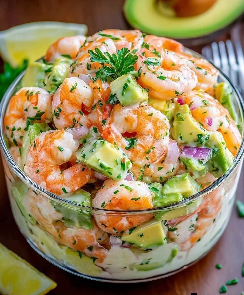 Creamy Shrimp Avocado salad with fresh vegetables and lemon dressing