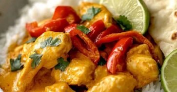 Golden Indian chicken curry with creamy sauce, red peppers, basmati rice, lime and fresh cilantro