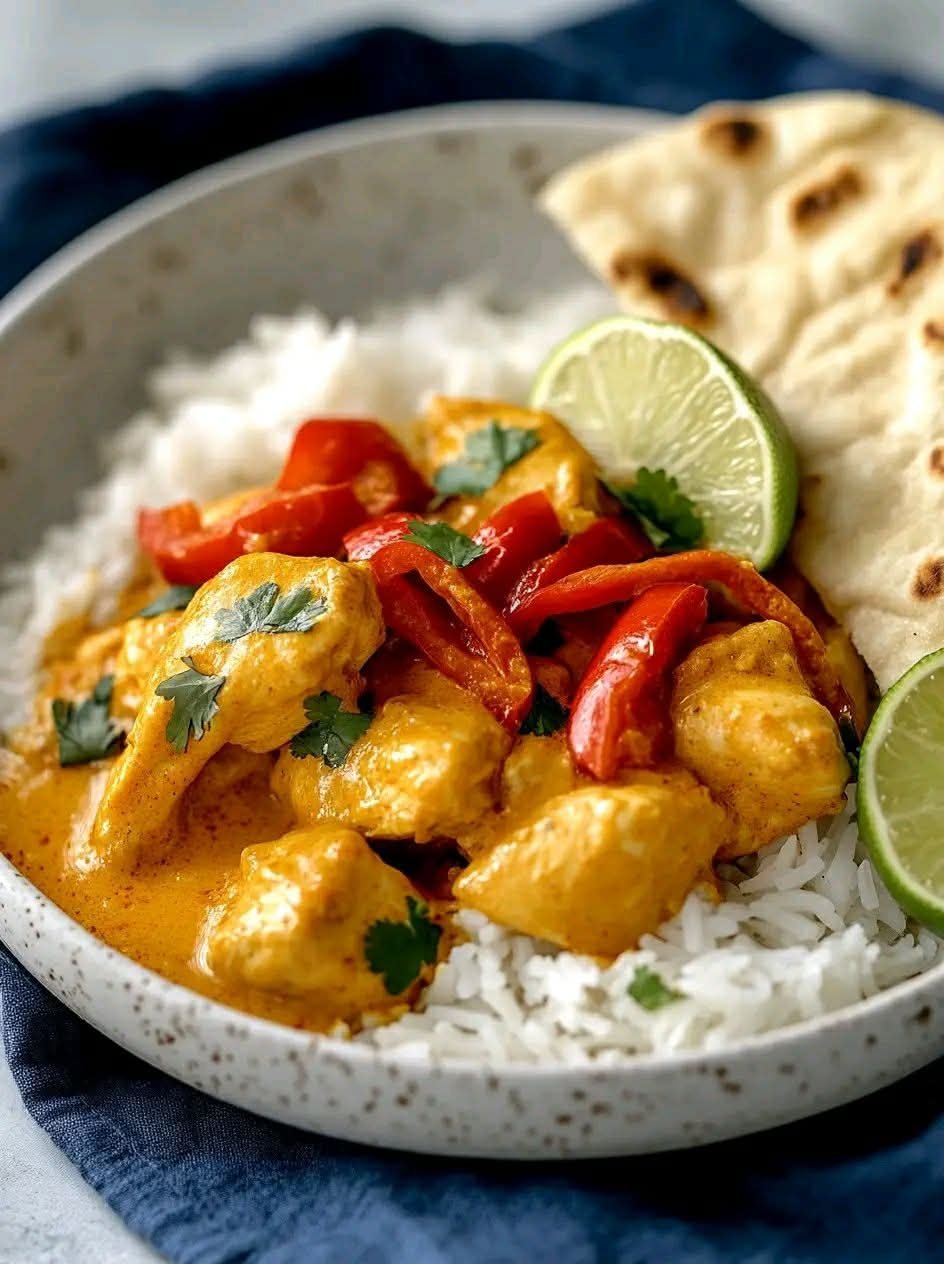 Golden Indian chicken curry with creamy sauce, red peppers, basmati rice, lime and fresh cilantro