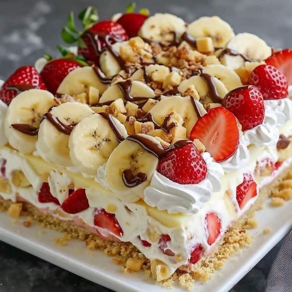 Easy No-Bake Banana Split Cake with bananas, strawberries, whipped cream, chocolate sauce, and hazelnuts