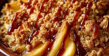 Caramel Apple Crisp with tender cinnamon apples and golden oat crumble topping